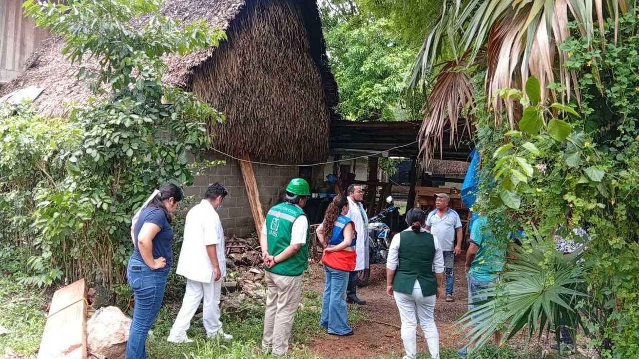 Personal médico del IMSS atiende a familias en un módulo instalado en el refugio temporal de San Isidro Naranjal, Oaxaca.