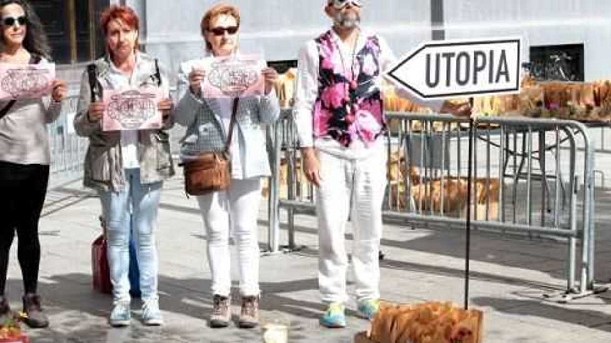 Pinta de rosa artista Sergio Muro la Plaza de España de Zaragoza al presentar Ecozine al público. Foto/ Cortesía Crédito: Juan Carlos Rojas.