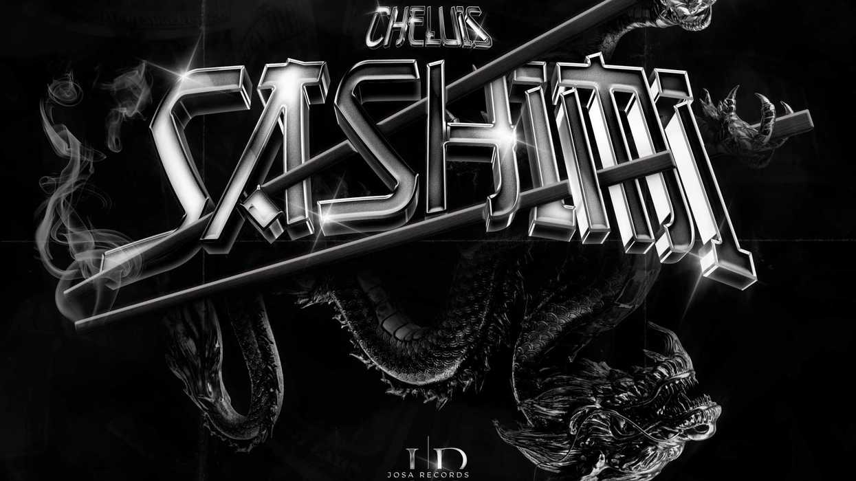 Portada del sencillo "Sashimi" de Cheluis con Josa Records, tipografía metálica sobre fondo negro con ilustración de dragón