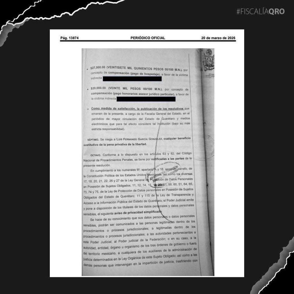Publicaci\u00f3n en La Sombra de Arteaga de la sentencia de 40 a\u00f1os por el homicidio de Valentina en Quer\u00e9taro capital