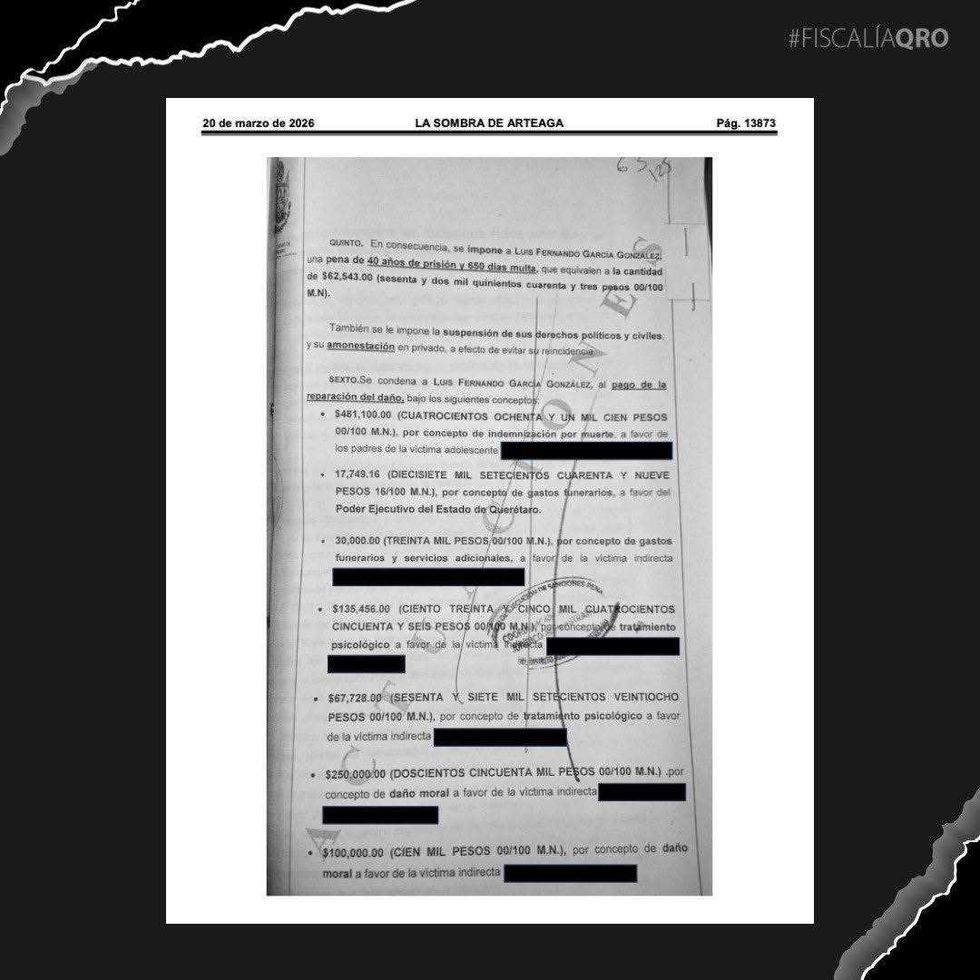 Publicaci\u00f3n en La Sombra de Arteaga de la sentencia de 40 a\u00f1os por el homicidio de Valentina en Quer\u00e9taro capital