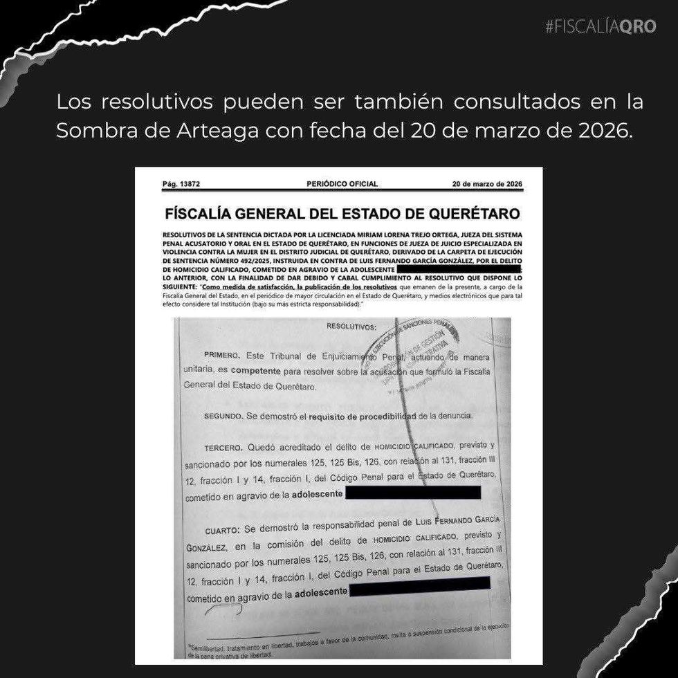 Publicaci\u00f3n en La Sombra de Arteaga de la sentencia de 40 a\u00f1os por el homicidio de Valentina en Quer\u00e9taro capital