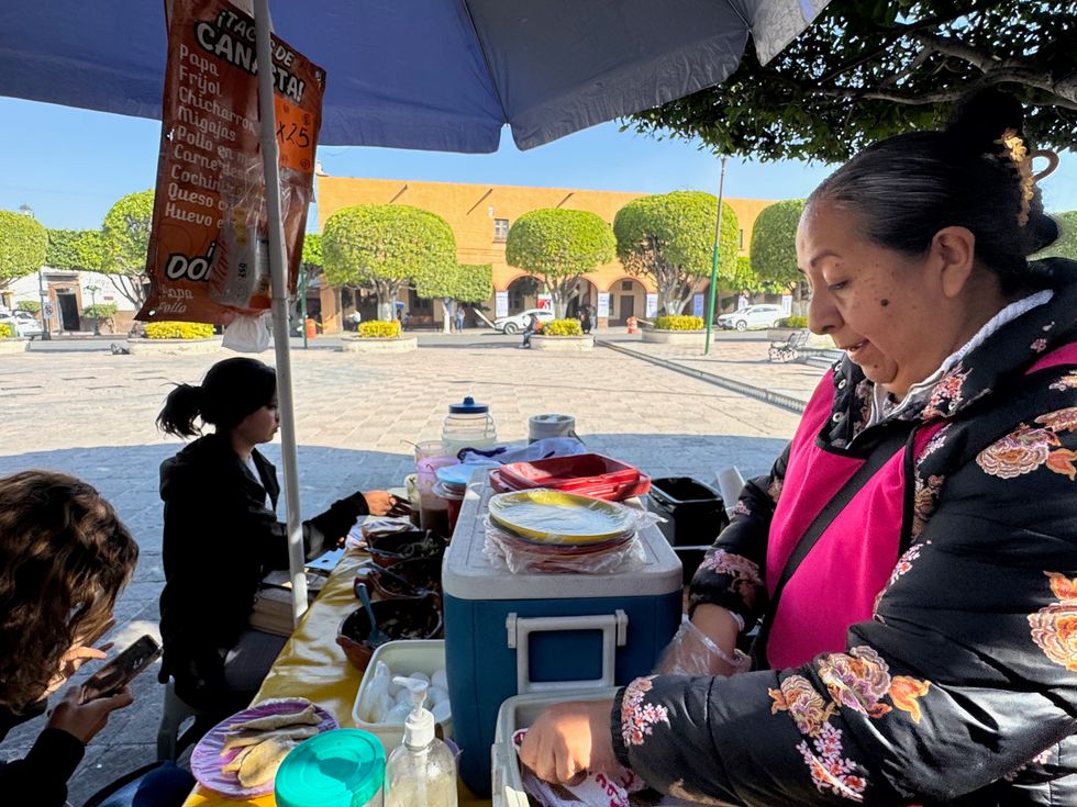 Puestos de taquitos de canasta en el Jard\u00edn de la Familia de San Juan del R\u00edo, Quer\u00e9taro, con canastas artesanales de 10 sabores de guisado