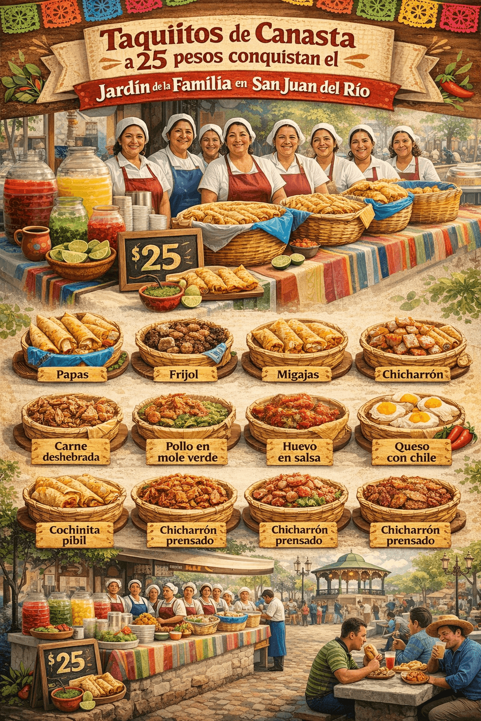Puestos de taquitos de canasta en el Jard\u00edn de la Familia de San Juan del R\u00edo, Quer\u00e9taro, con canastas artesanales de 10 sabores de guisado