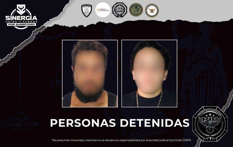 Rostros difuminados de dos personas detenidas durante cateos de Sinergia en San Juan del R\u00edo, Quer\u00e9taro