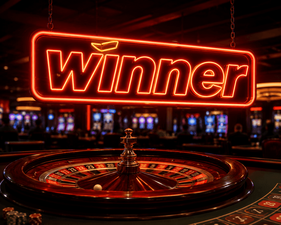 Ruleta de casino con el letrero luminoso de Winner en el fondo.