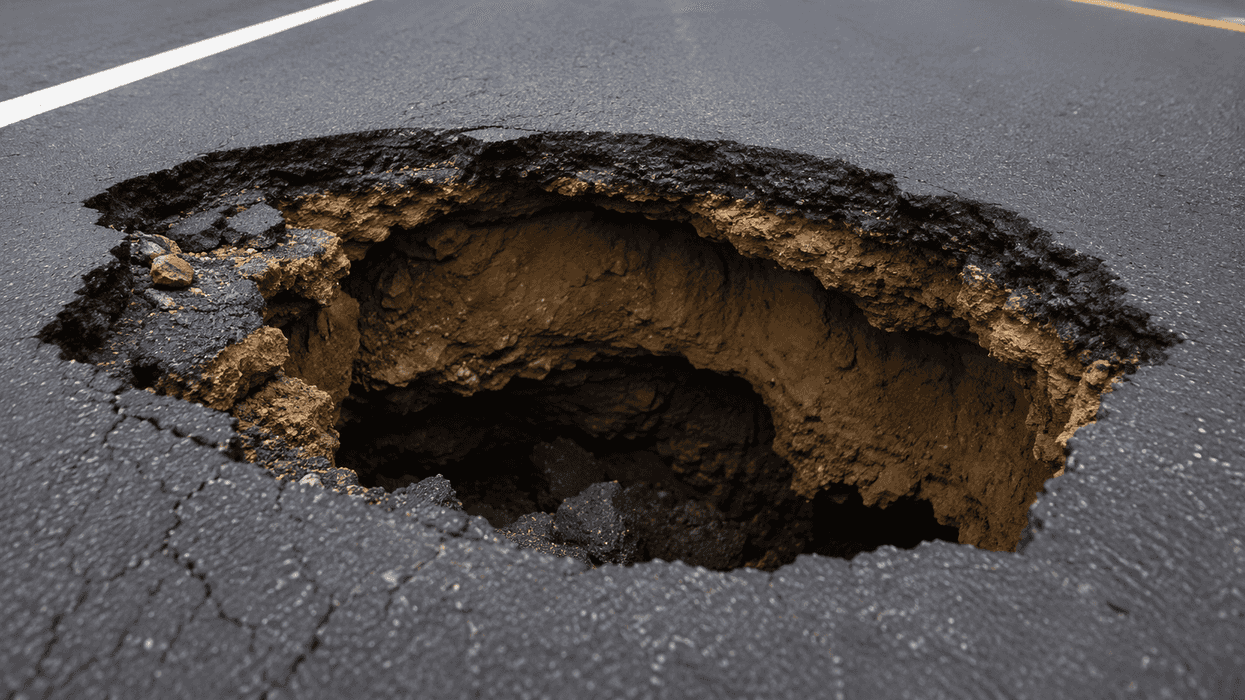 Socavón en autopista México-Querétaro con conos de señalización y reducción de carriles por obras de Banobras
