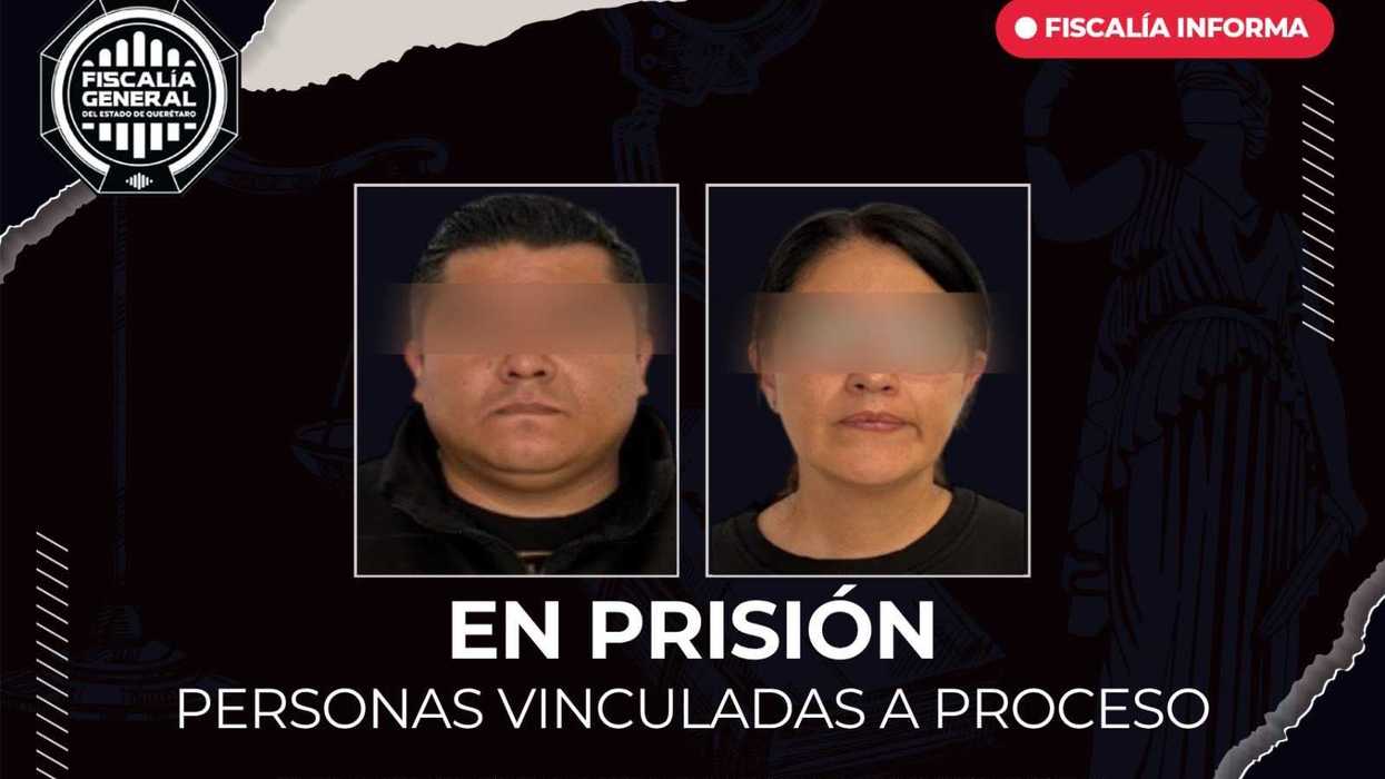 Tarjeta de la Fiscalía de Querétaro con dos personas de rostro difuminado vinculadas a proceso por fraude en una inversión