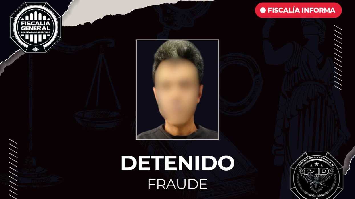 Tarjeta de la Fiscalía de Querétaro con hombre detenido por fraude, rostro difuminado, por autos en renta en Corregidora