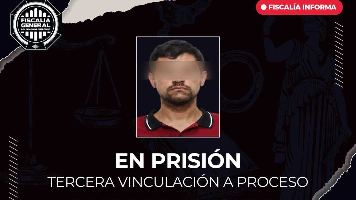 Tarjeta de la Fiscalía General del Estado de Querétaro sobre la tercera vinculación a proceso de Diego Armando N por robo de vehículo en la colonia Los Virreyes, 2026.