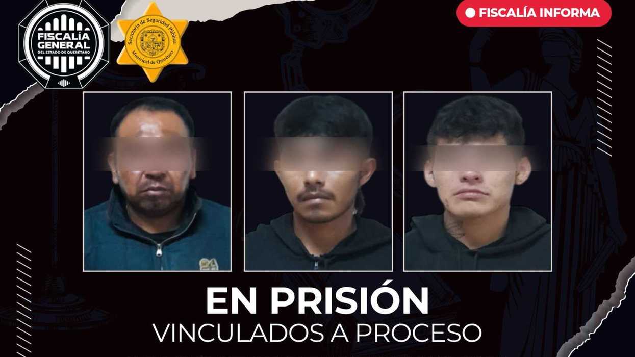 Tarjeta de la Fiscalía: tres hombres de ojos difuminados, en prisión y vinculados a proceso por robo en vehículo