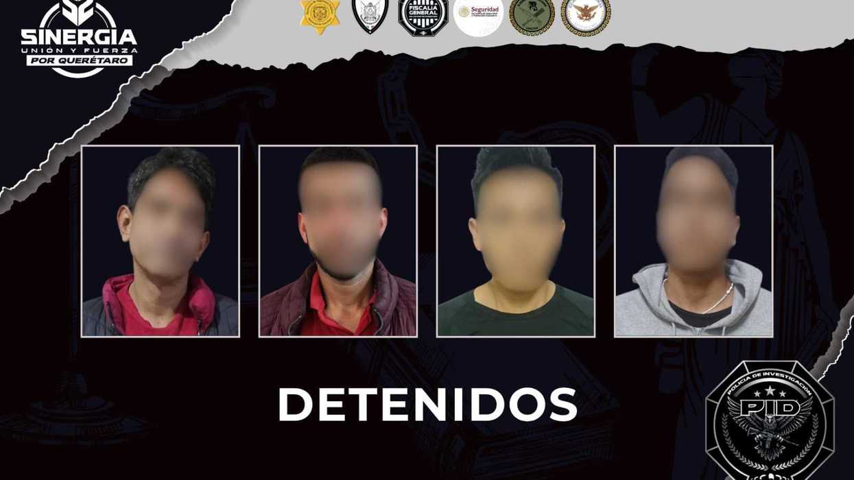 Tarjeta informativa de la Fiscalía de Querétaro con los rostros difuminados de personas detenidas en operativos de la estrategia Sinergia.