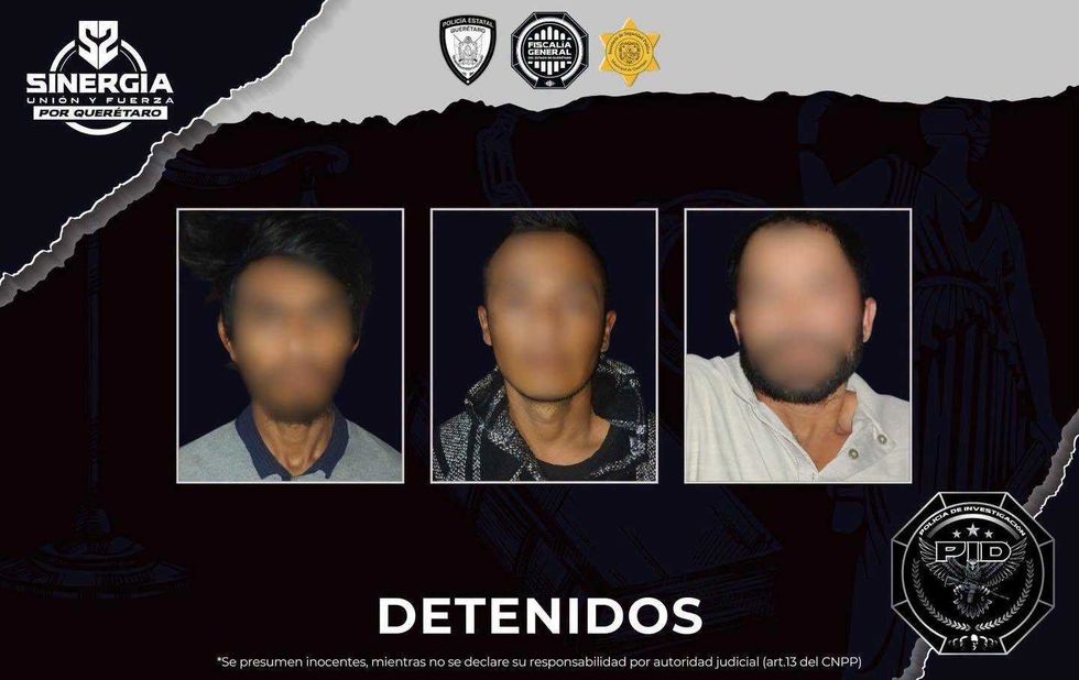 Tarjeta oficial de la Fiscal\u00eda General de Quer\u00e9taro con los tres detenidos en cateos de la estrategia Sinergia en Quer\u00e9taro y Pinal de Amoles.