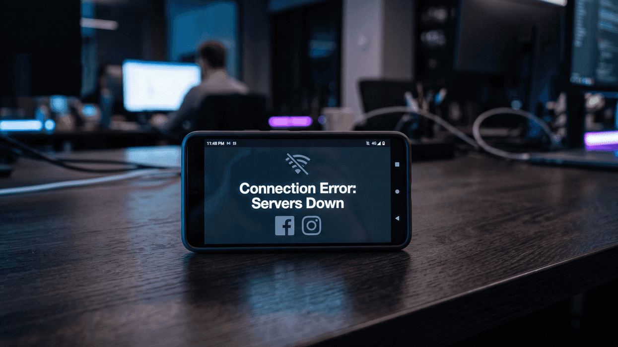 Teléfono celular muestra un mensaje de error de conexión con los íconos de Facebook e Instagram.