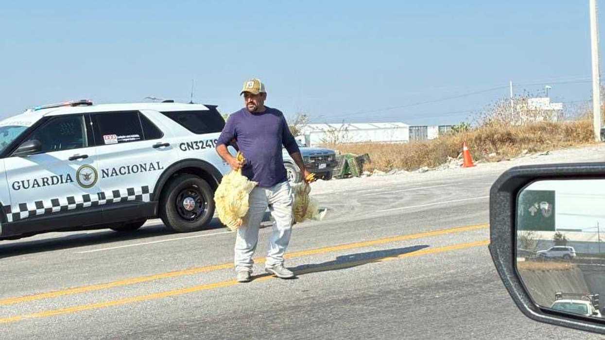 Tr\u00e1iler tipo plataforma volcado con jaulas de pollo en distribuidor vial de la carretera federal 45 rumbo a autopista M\u00e9xico-Quer\u00e9taro