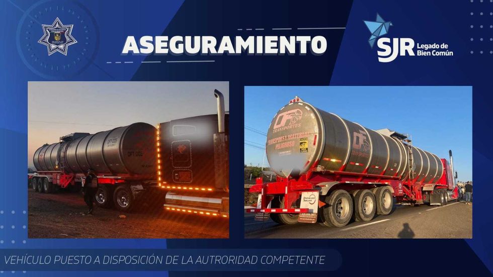 Tractocamiones con cisterna asegurados por la Polic\u00eda Municipal de San Juan del R\u00edo en operativo contra huachicoleros en carretera 57 Quer\u00e9taro