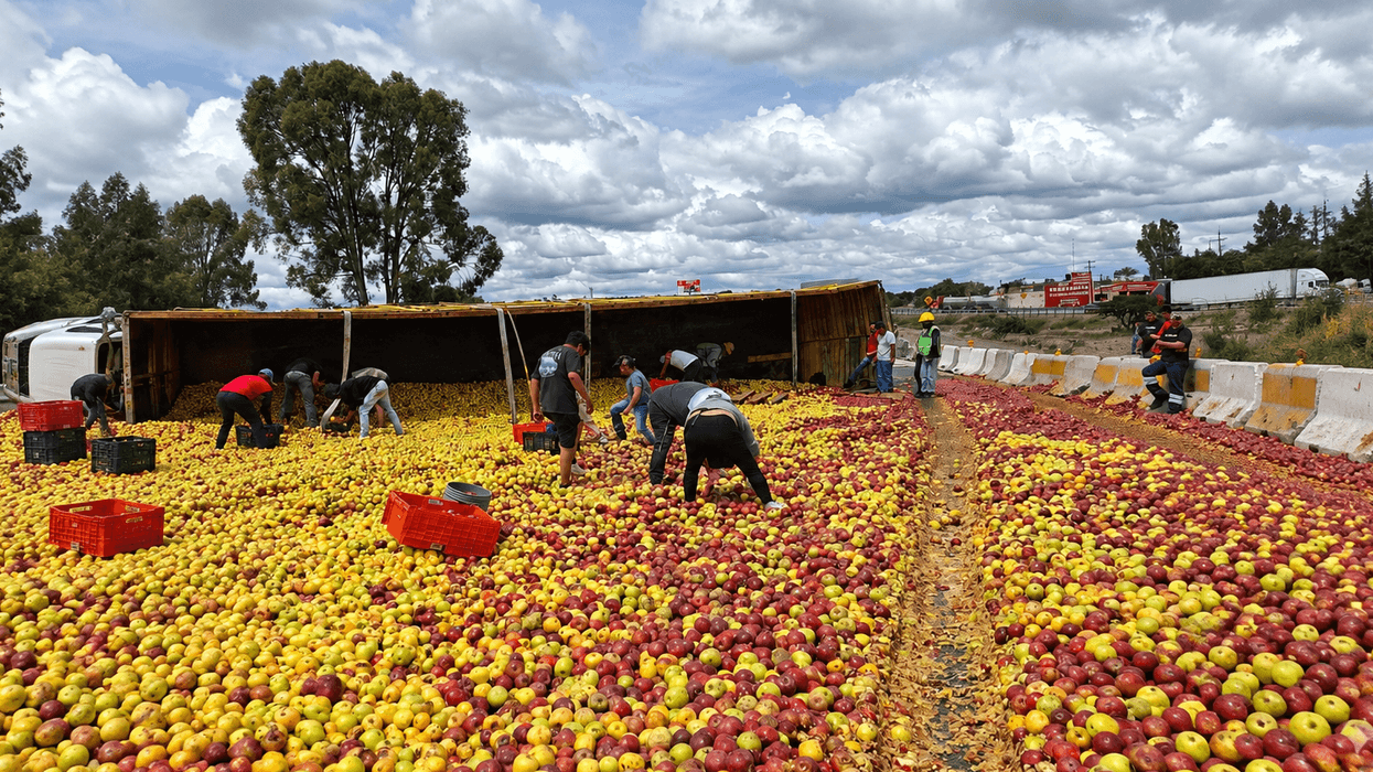 Tráiler volcado sobre la autopista México-Querétaro con manzanas esparcidas en el kilómetro 151