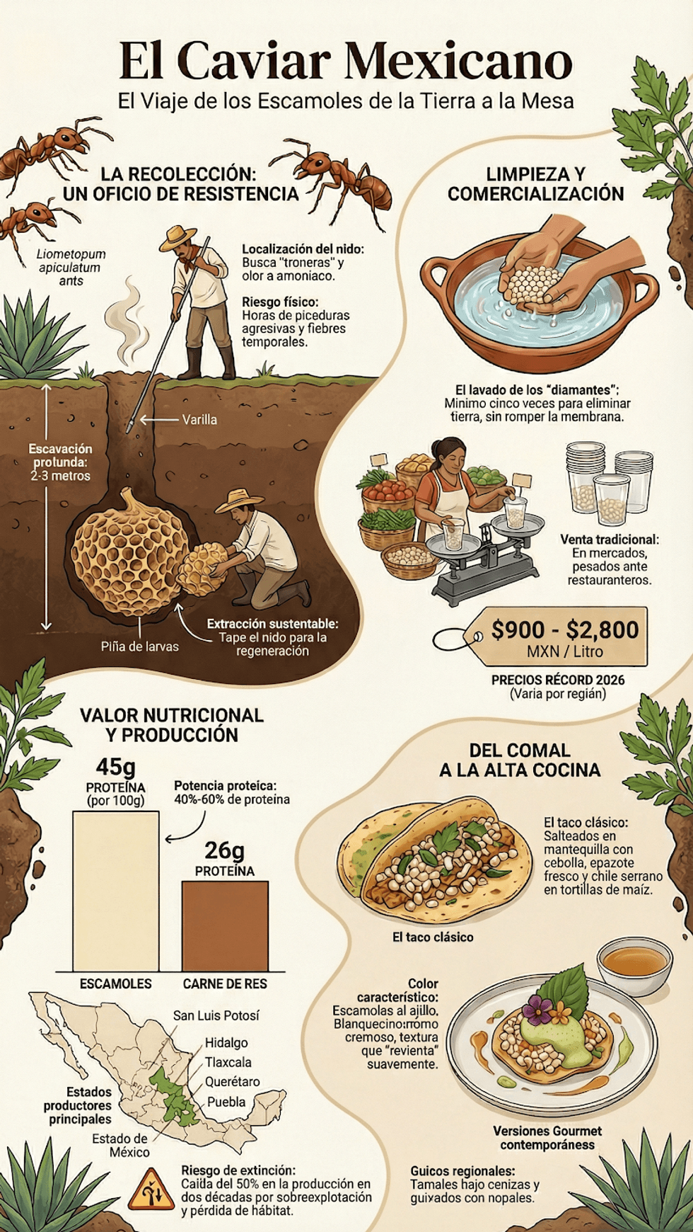 Vasos de pl\u00e1stico con escamoles frescos listos para venta en mercado de San Juan del R\u00edo en Semana Santa 2026