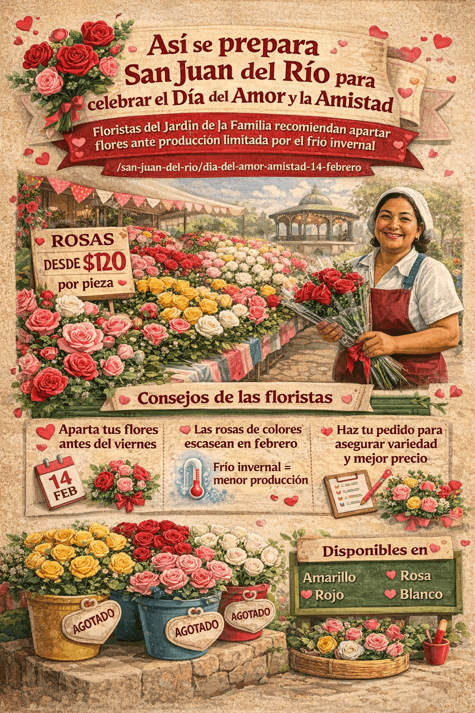 Vendedor de rosas en el Jard\u00edn de la Familia de San Juan del R\u00edo ofrece la docena desde 120 pesos para el D\u00eda del Amor y la Amistad 2026