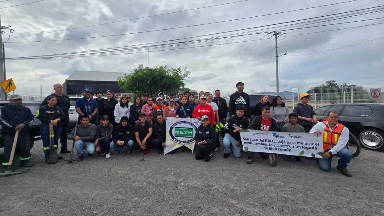 Voluntarios y personal del Gobierno Municipal plantan árboles nativos en el camellón frente al Centro Expositor de San Juan del Río.