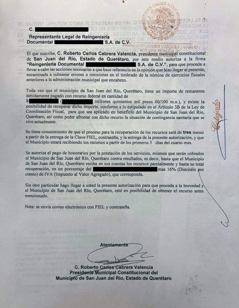 Alcalde de San Juan del Río podría enfrentar demanda por incumplir contrato con despacho veracruzano.