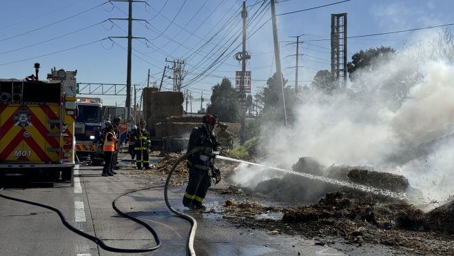 Incendio de tráiler con forraje en la carretera México Querétaro.